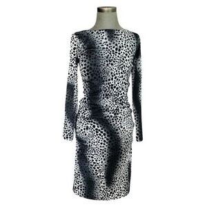 Carmen Marc Valvo Black Gray Leopard Print Ruched Midi Dress Women's Size M